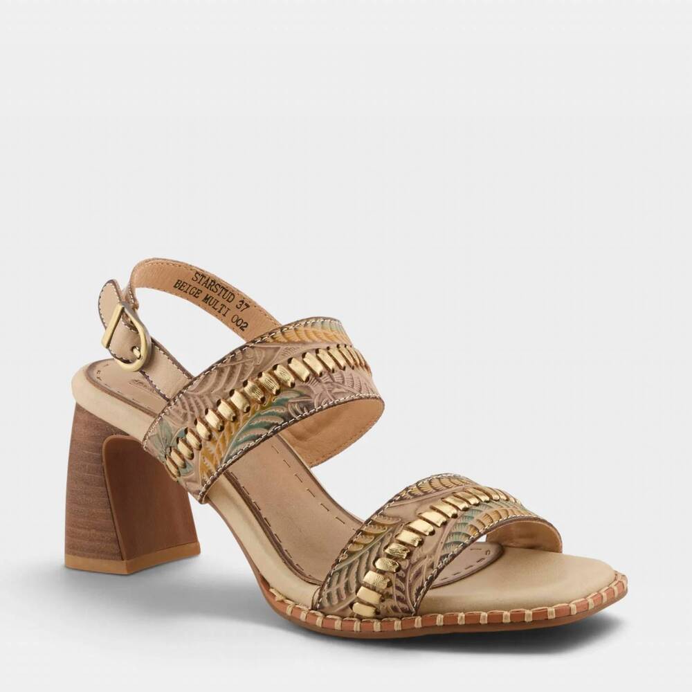 NEW SPRING STEP SHOES women's star stud heeled sandals in beige multi